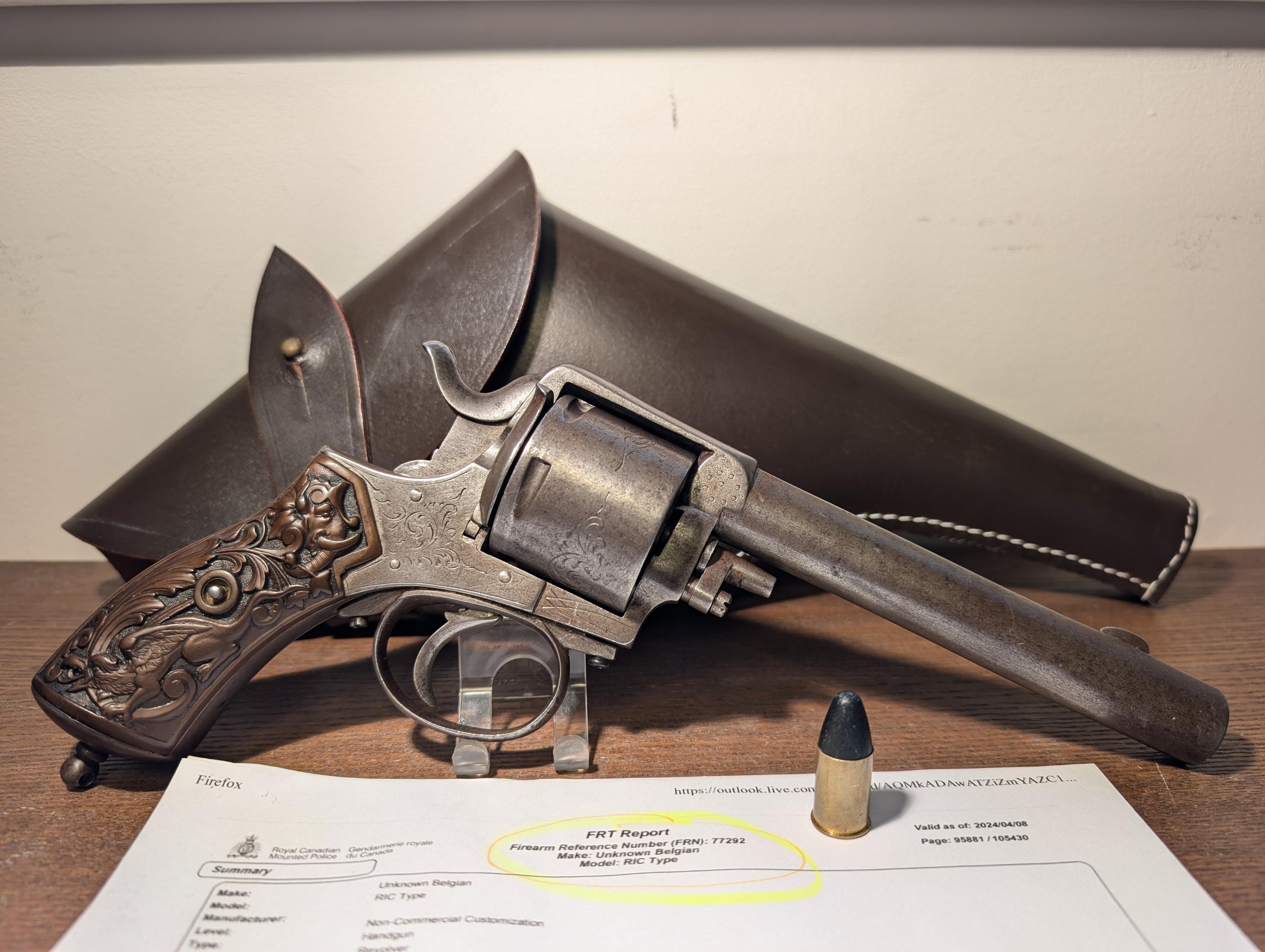 Photo of Antique (no PAL) ENGRAVED Belgian Webley RIC Revolver .455/12mm with Leather Holster optional