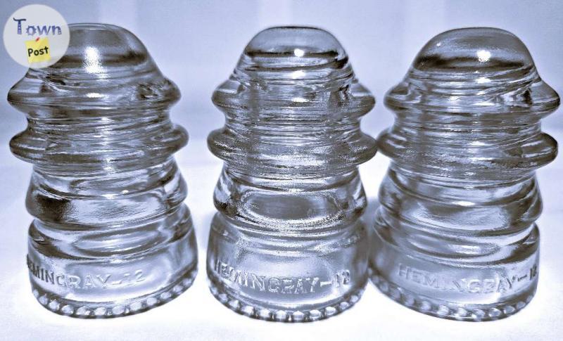 Photo of 3 - LOT of HEMINGRAY TELEPHONE LINE INSULATORS - #12 CD113 CLEAR - DIFFERENT MFG. YEARS